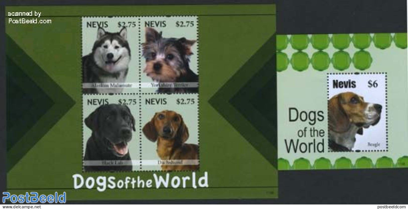 Nevis 2011 Dogs Of The World 2 S/s, Mint NH, Nature - Dogs - St.Kitts En Nevis ( 1983-...)