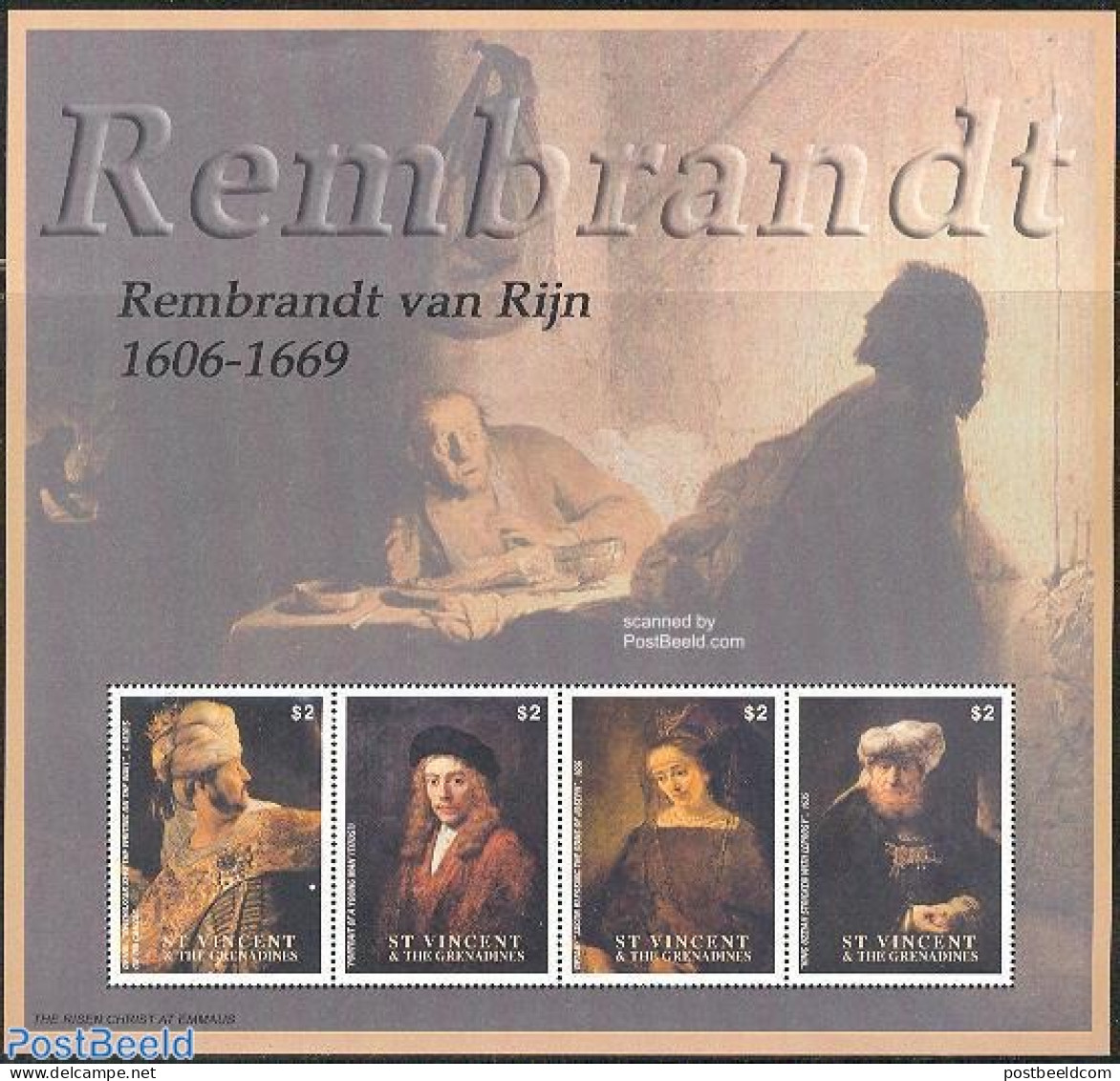 Saint Vincent 2003 Rembrandt 4v M/s, Mint NH, Art - Paintings - Rembrandt - St.Vincent (1979-...)
