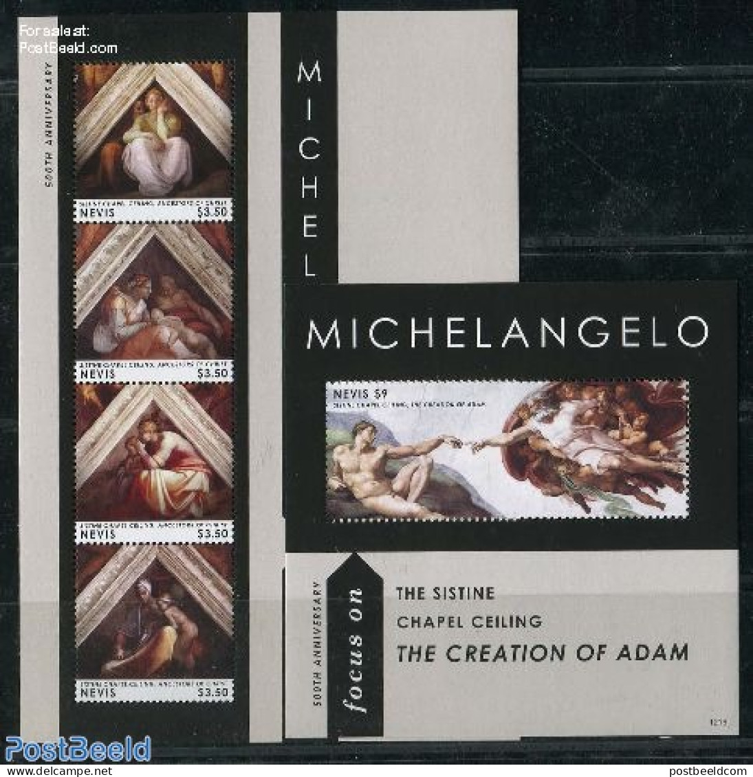 Nevis 2012 Michelangelo, Sistine Chapel 2 S/s, Mint NH, Art - Michelangelo - Paintings - St.Kitts E Nevis ( 1983-...)