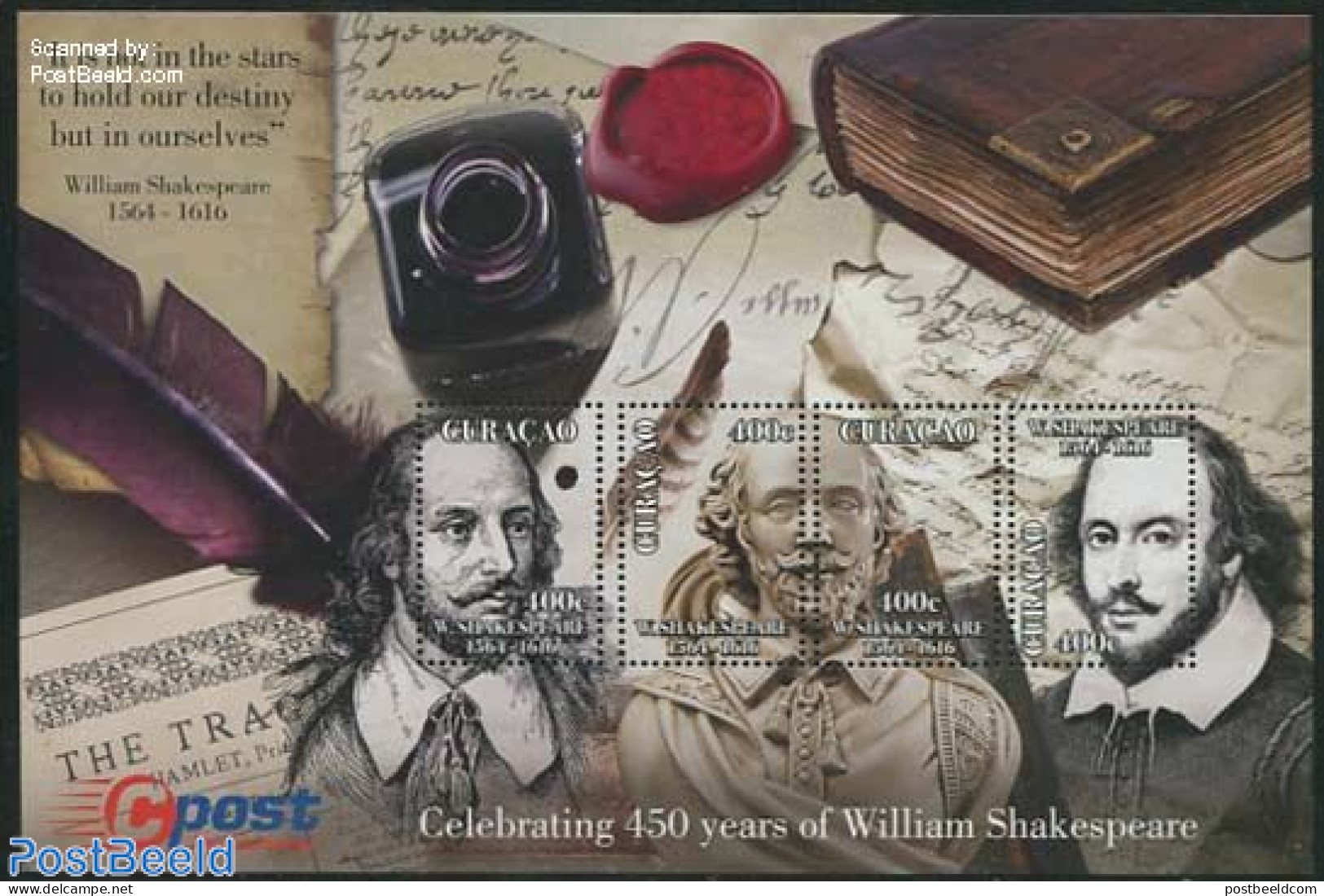 Curaçao 2014 450 Years William Shakespeare 4v M/s, Mint NH, Art - Authors - Schriftsteller