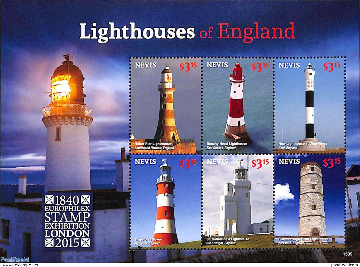 Nevis 2015 Lighthouses Of England 6v M/s, Mint NH, Various - Lighthouses & Safety At Sea - Leuchttürme