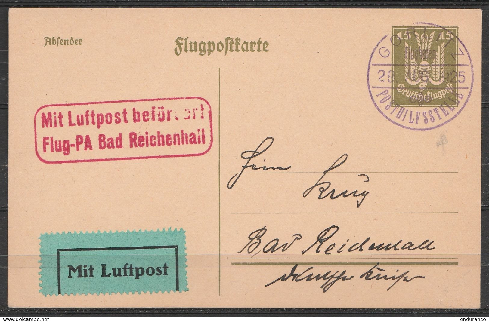 CP Poste Aérienne Flugpostkarte 15pf Càd "GORLITZ /29.AUG.1925" Pour BAD REICHENHALL - Cachet [Mit Lufpost Befördert / F - Airmail & Zeppelin