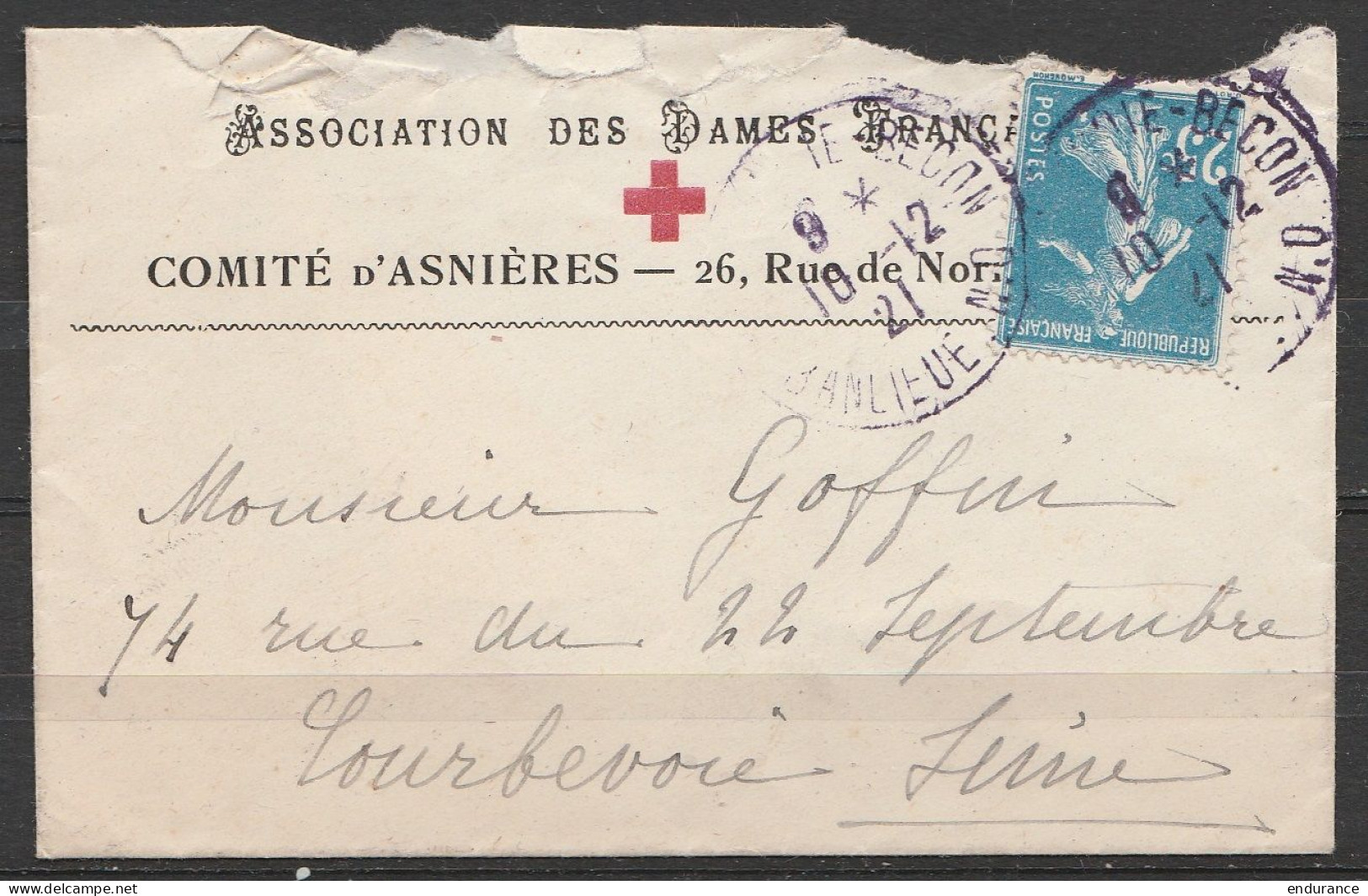 L. Entête " Association Des Dames Françaises / Croix Rouge - Comité D'Asnières" Affr.N°140 Càd COURBEVOIE-BECON /10-12-1 - Cruz Roja