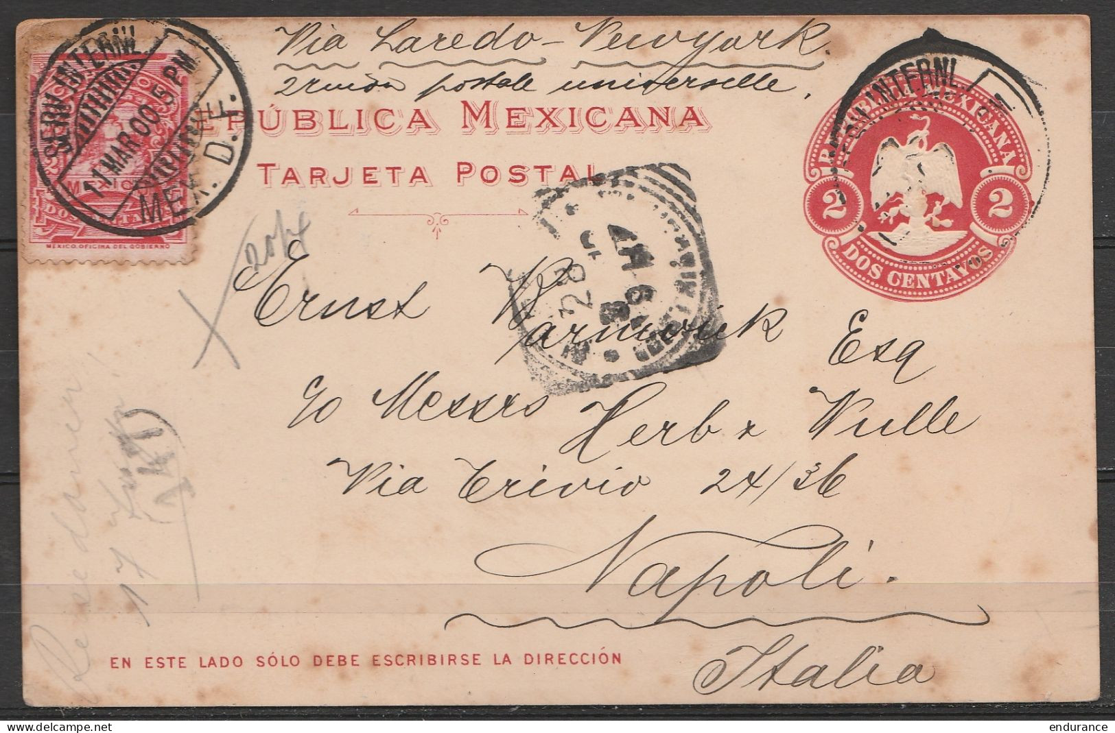 Mexique - EP 2 Centavos + 2 Centavos Càpt "SERV.INTERNL. /11 MAR 1900/ MEX.D.F" Pour NAPOLI Via Laredo Et New York - Messico