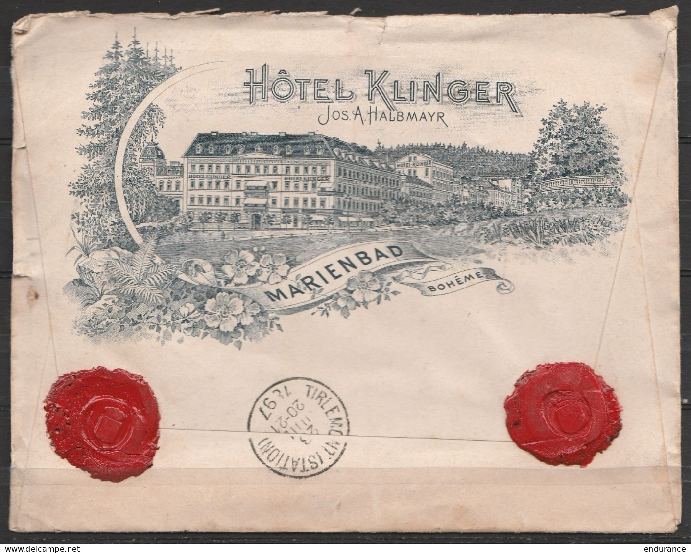 Bohême - LAC Illustrée Hôtel Klinger Affr. 10kr Càd MARIEMBAD /22.7.1897 Pour Château D'Oirbeek à TIRLEMONT (au Dos: Càd - Lettres & Documents