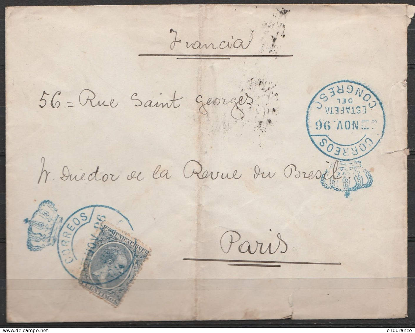 Espagne - L. (pliée) Affr. 5cts (tp Abîmé) Càd Couronne "CORREOS /NOV 1896/ ESTAFETA Del CONGRESO" Pour PARIS (enveloppe - Brieven En Documenten