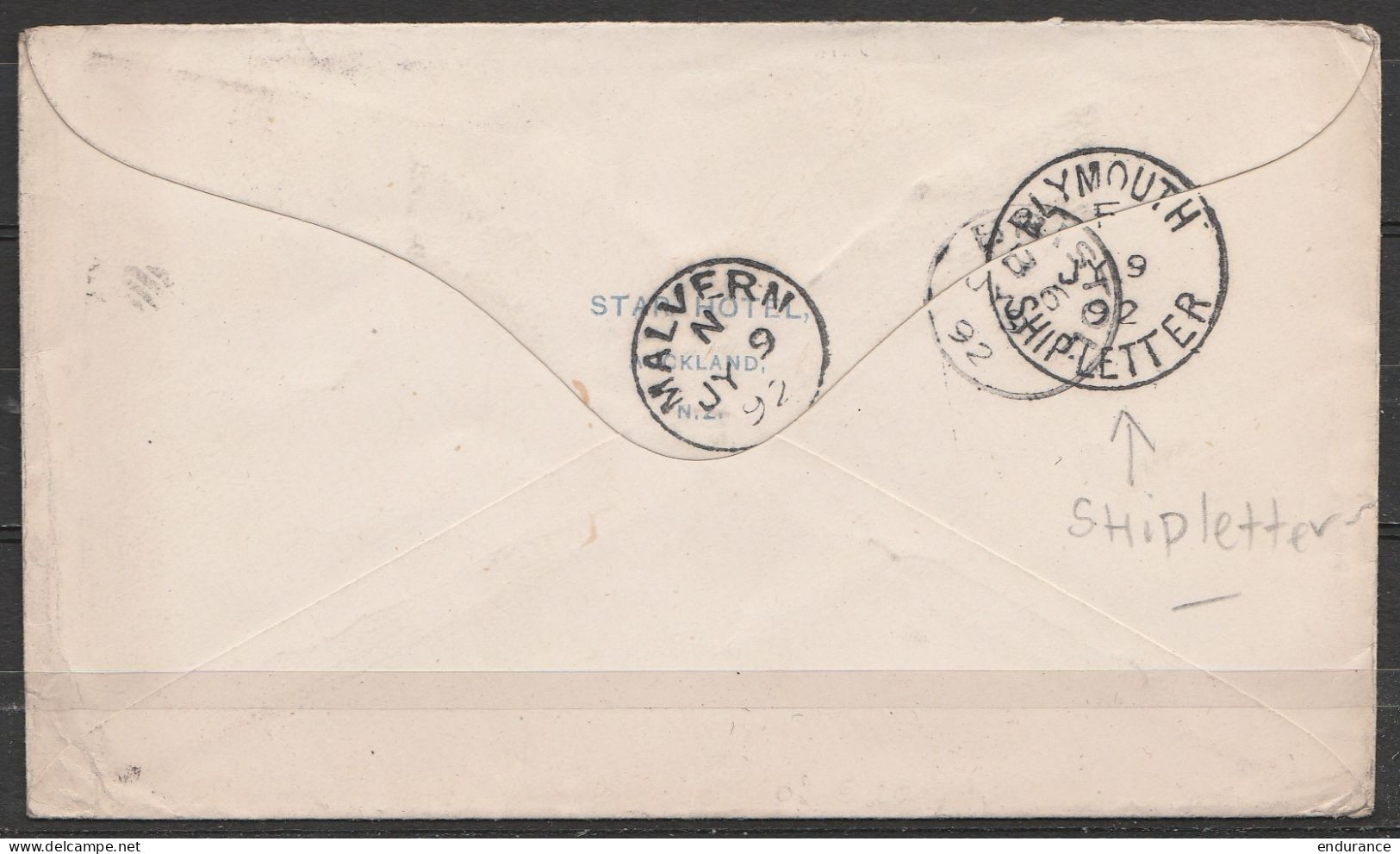 Nouvelle-Zélande - L. Affr. 2 1/2d Càd Carré WELLINGTON / 25 MAY 1892 Pour MALVERM (Angleterre) (au Dos: Càd PLYMOUTH /  - Lettres & Documents
