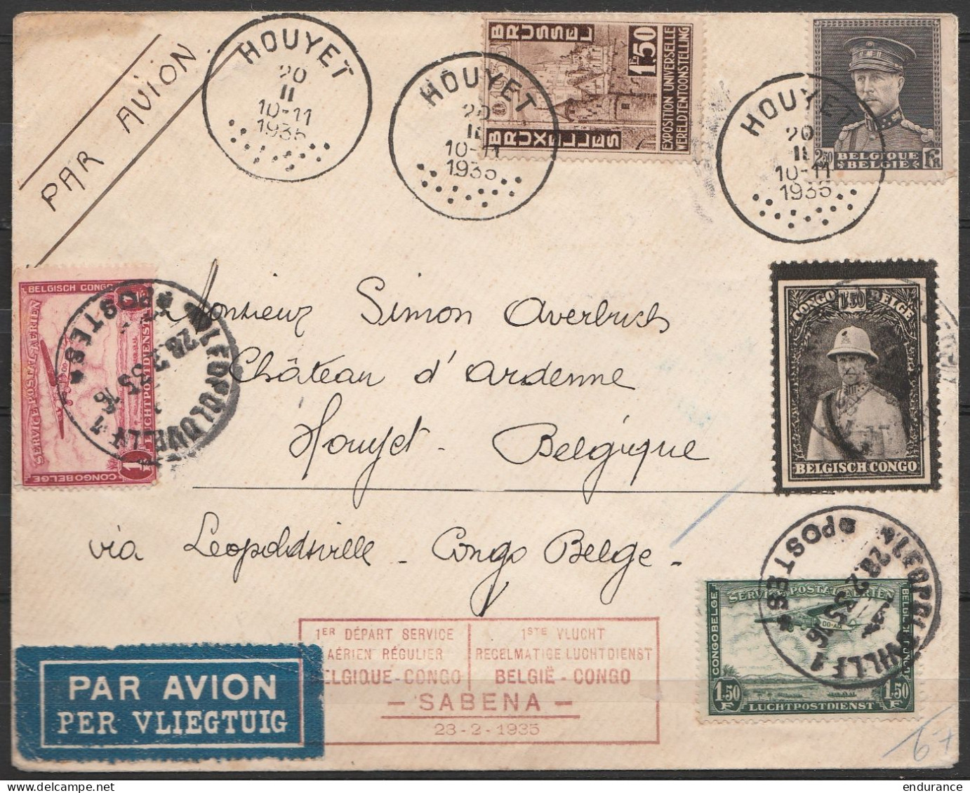 L. Par Avion Affr. N°322A+388 Càd HOUYET /20 II 1935 Via Congo Belge - [1e Départ Service Aérien Régulier Belgique-CONGO - Covers & Documents