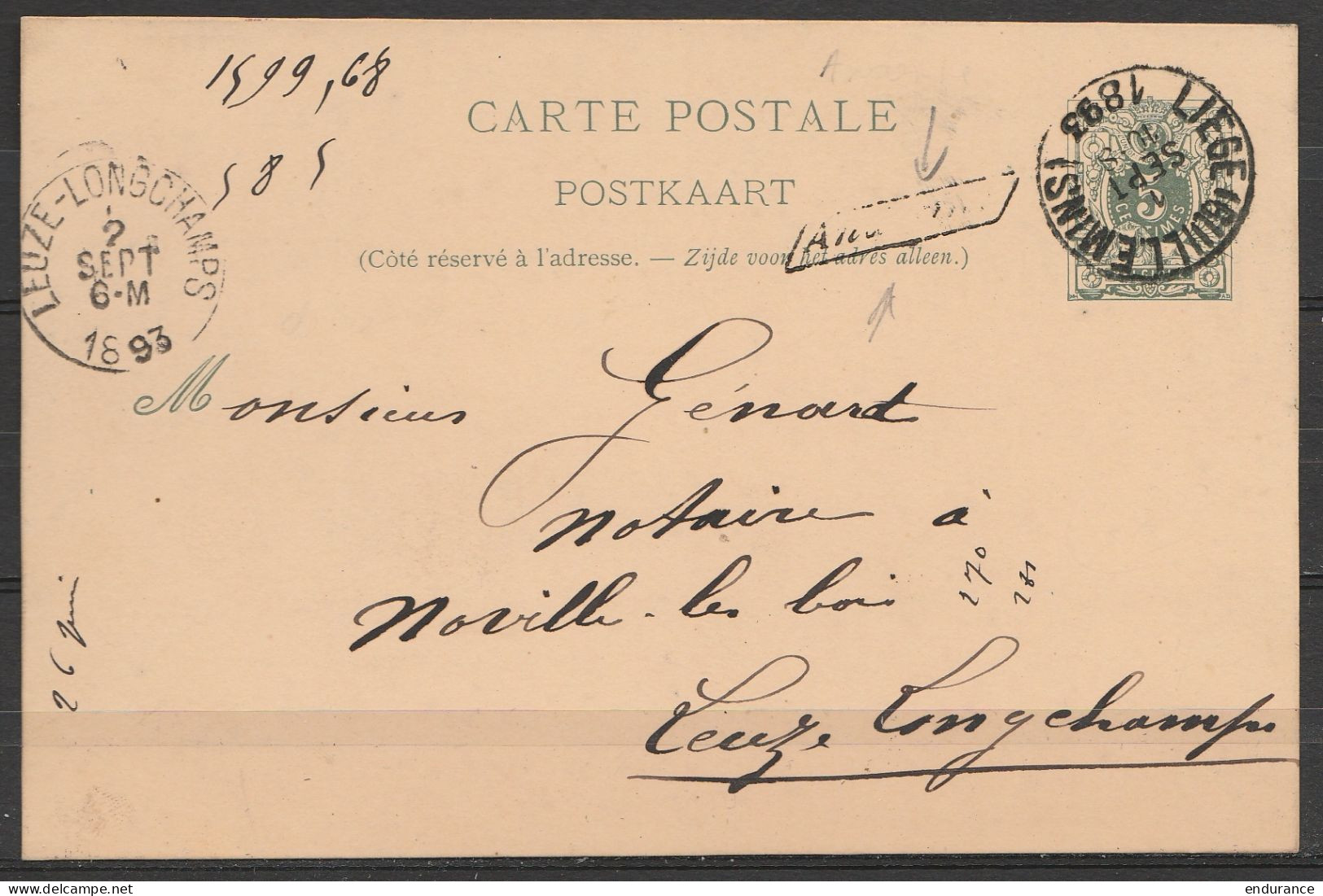 EP 5c Vert-gris De BIERWART Càd LIEGE (GUILLEMINS) /1 SEPT 1893 - Griffe [Andenne] Pour NOVILLE-les-BOIS / LEUZE-LONGCHA - Briefkaarten 1871-1909