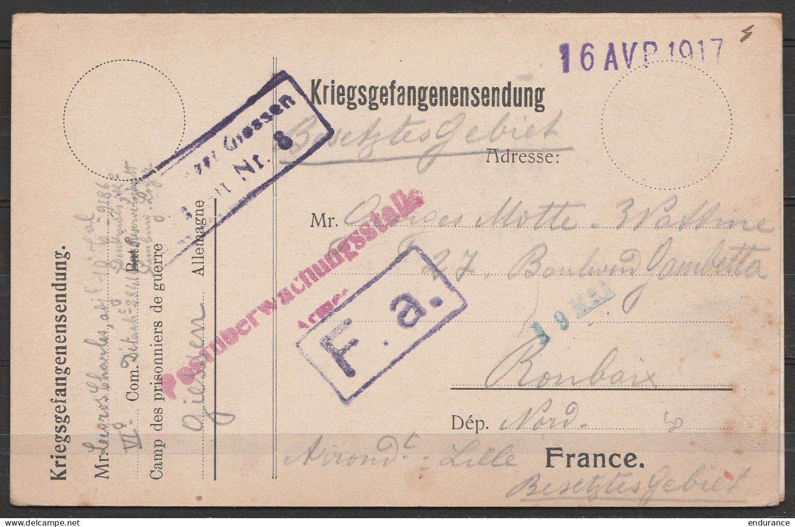 Rare Carte De Prisonnier (Kriegsgefangenensendung) En 2 Volets Avec Photo Du Camp De GIESSEN (Allemagne) Pour ROUBAIX -  - WW I