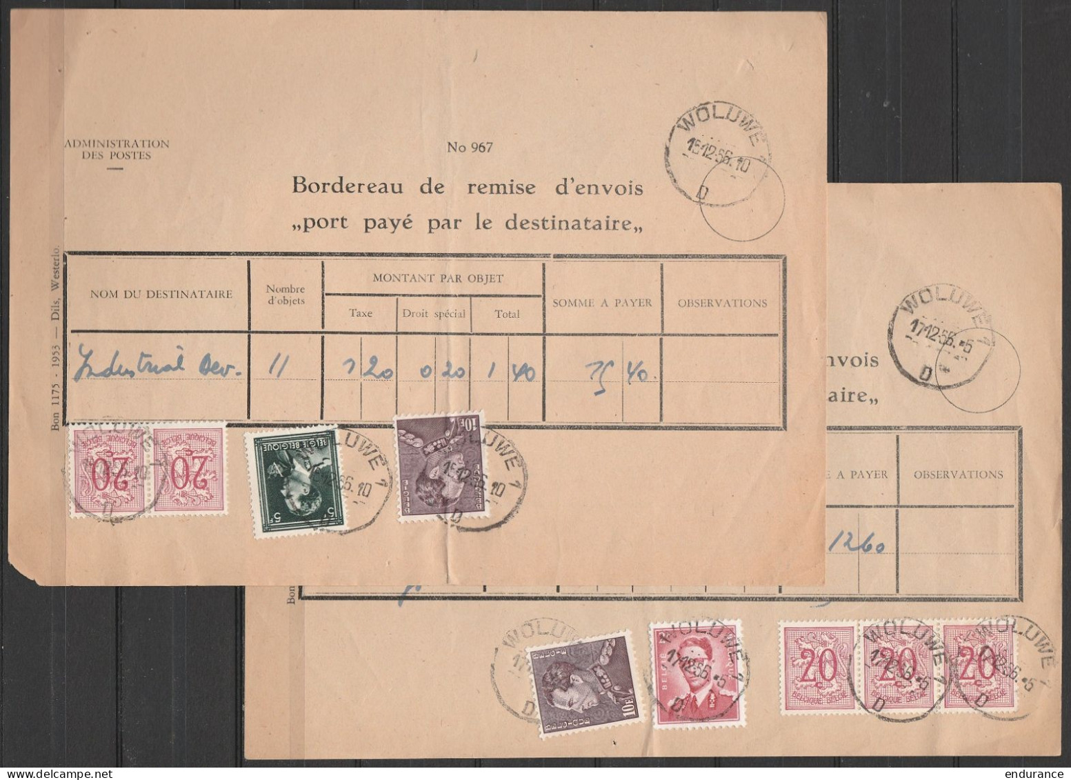 2 Bordereaux De Remise D'envois "port Payé Par Le Destinataire" Affr. Poortman, Lunettes & Chiffre Sur Lion Càd WOLUWE D - 1936-1951 Poortman