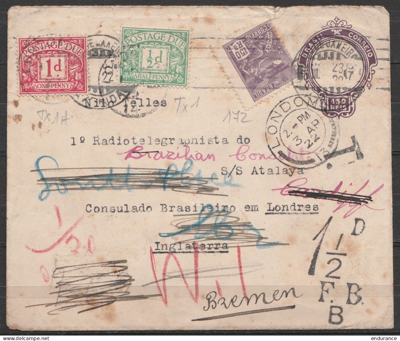 Brésil - EP 150r + 150r Flam. RIO De JANEIRO/ 1922 Pour Radiotélégraphiste Du S/S ATALAYA Via Consulat Brésilien De Lond - Lettres & Documents