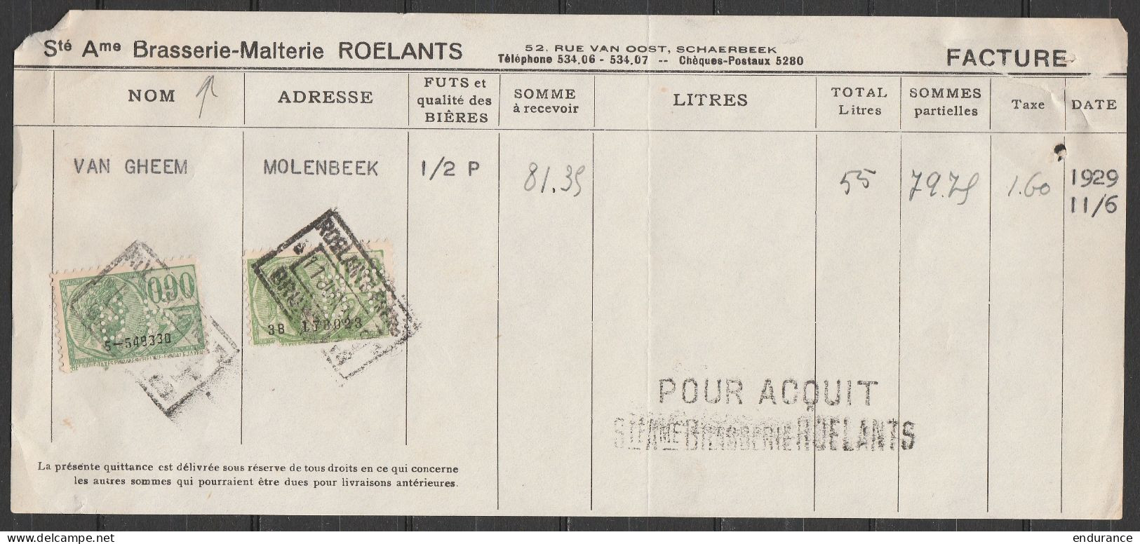 Facture Brasserie Roelants (Schaerbeek) Acquittée 1,60f Timbres Taxe-fiscaux 11 Juin 1929 - Documentos