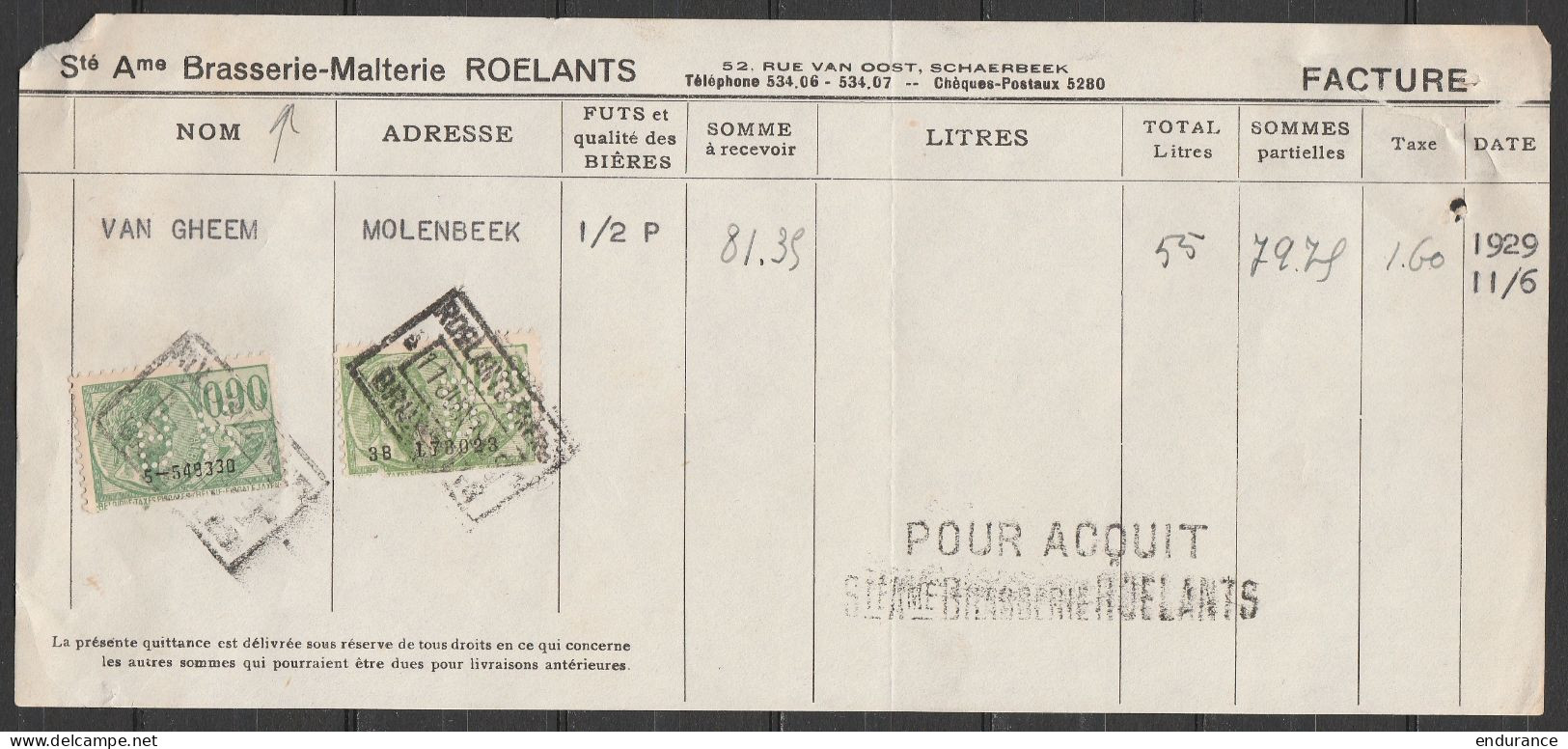 Facture Brasserie Roelants (Schaerbeek) Acquittée 1,60f Timbres Taxe-fiscaux 11 Juin 1929 - Documenti