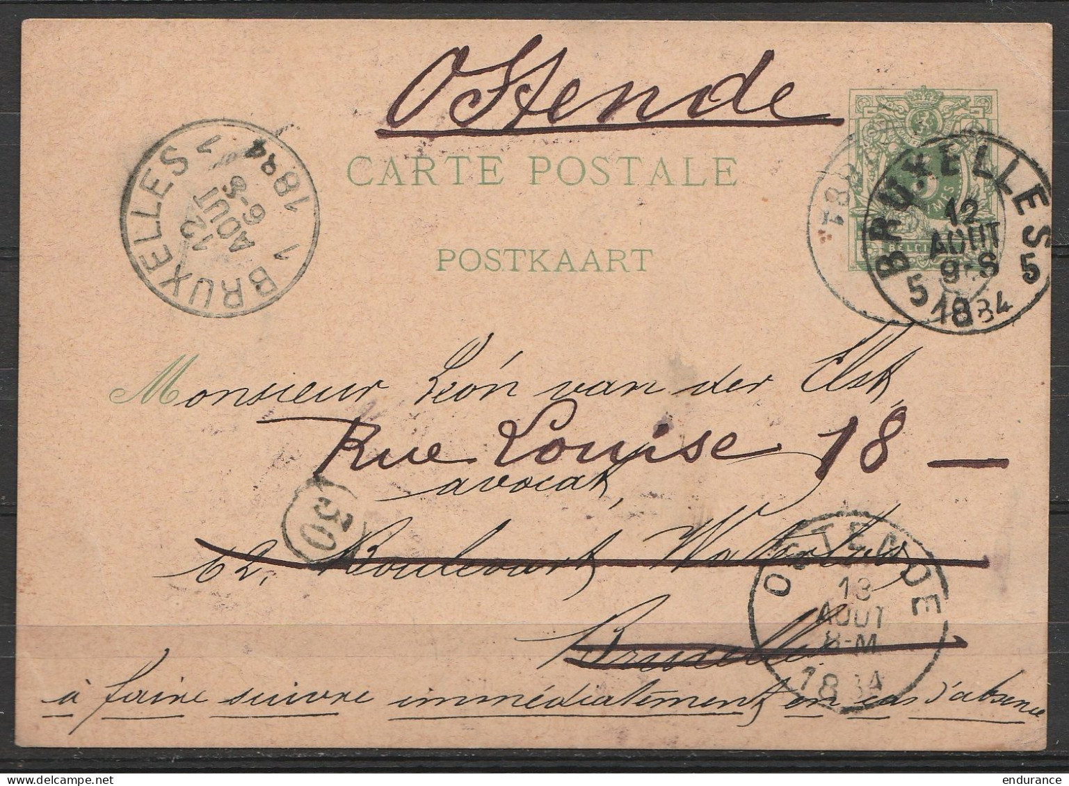 EP 5c Vert Càd (double Frappe) BRUXELLES 5/12 AOUT 1884 Pour EV Réexpédié à OSTENDE - Briefkaarten 1871-1909