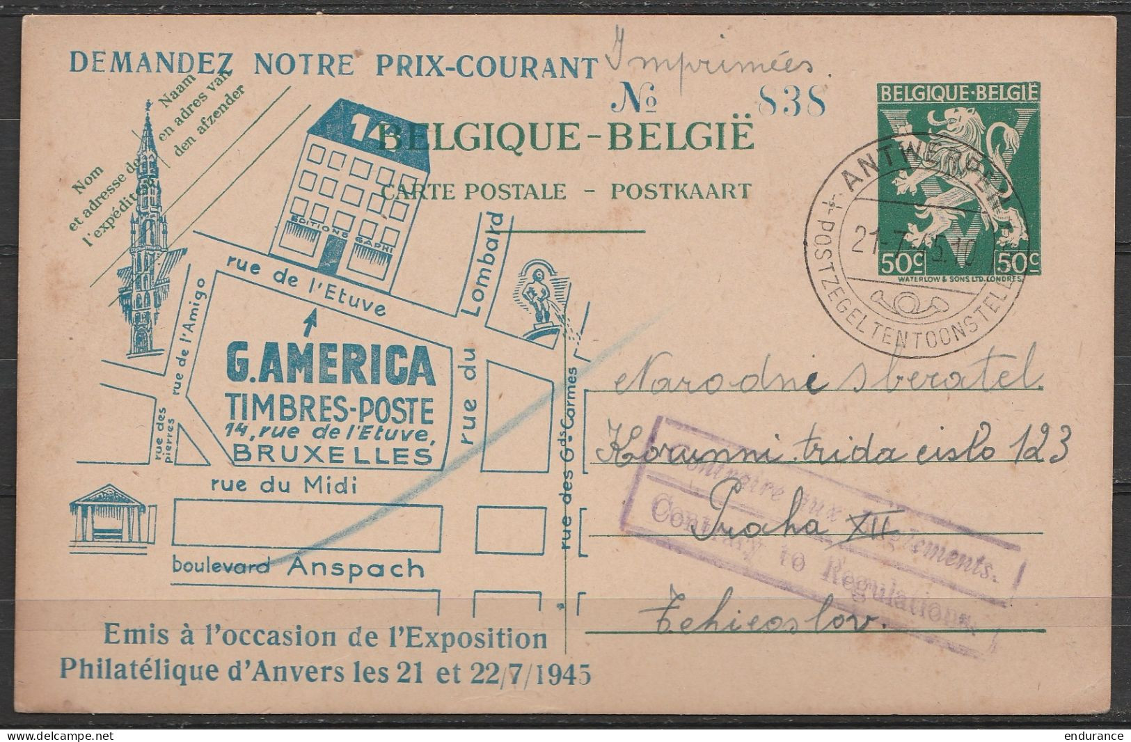 EP Pub 50c Vert-bleu (N°678) Càd ANTWERPEN /21-7-1945/ POSTZEGELTENTOONSTELLING" Pour PRAHA (Prague) - Griffe [Contraire - Cartes Postales 1934-1951