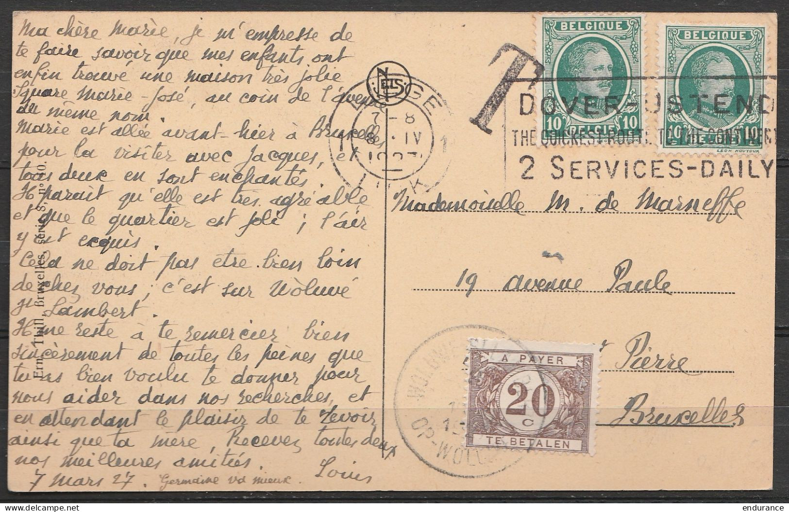 CP Liège Affr. N°194x2 Flam. "LIEGE /8 IV 1923 DOVER-OSTENDE …" Pour Et Taxé 20c à WOLUWE-ST-PIERRE - 1922-1927 Houyoux