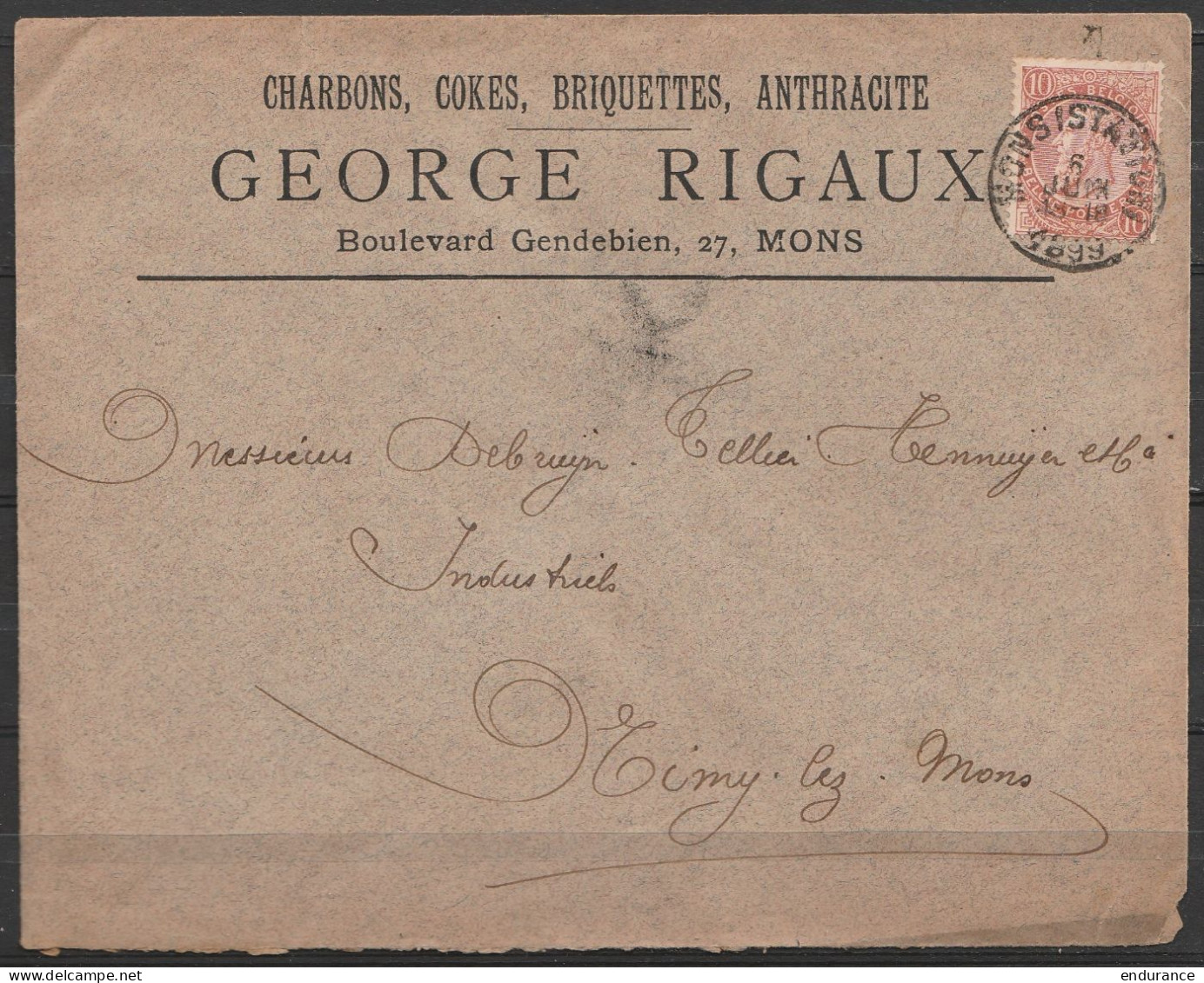 L. Entête "Charbons, Coke, … Rigaux" Affr. N°57 Càd MONS (STATION)/6 Juin 1899 Pour NIMY (au Dos: Pub Pompe Alimentaire  - 1893-1900 Thin Beard