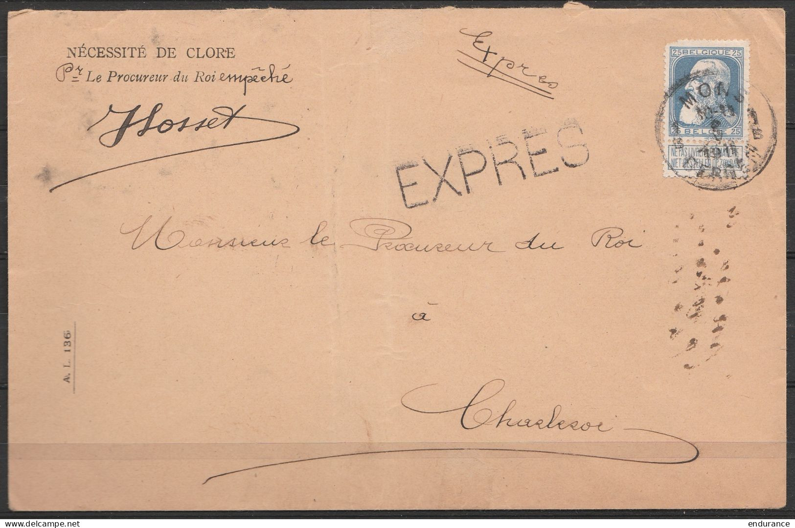 L. Express Affr. N°76 (abîmé) (tarif Préférentiel) Càd "MONS 1B/2 V 1911/ BERGEN" Pour CHARLEROI (au Dos: Càd Ogtogon. C - 1905 Thick Beard
