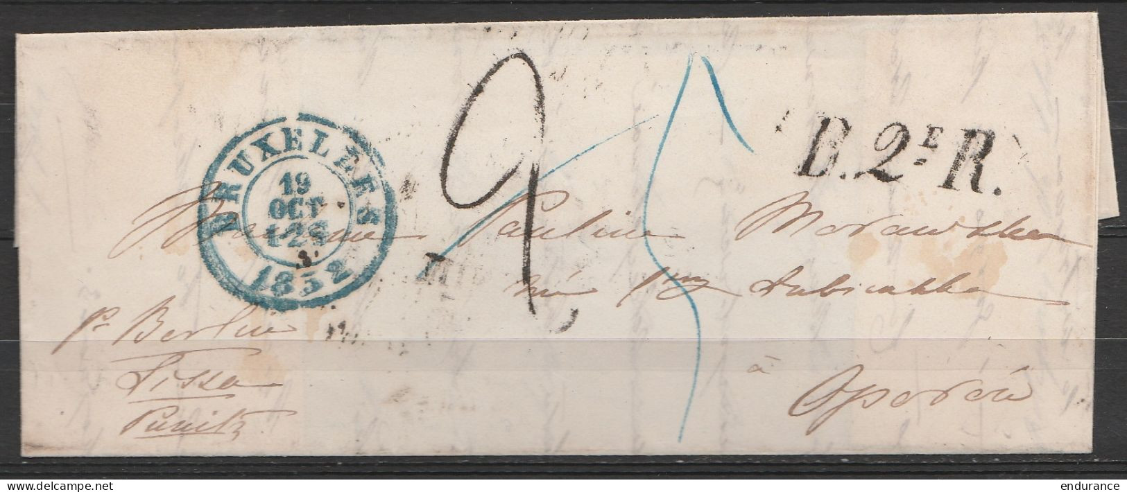 L. Càd BRUXELLES /19 OCT 1852 ? Pour L'Allemagne - Griffe "B.2e R." (au Dos: Càd "AUS BELGIEN / PER AACHEN" + Càd Ambula - 1830-1849 (Independent Belgium)