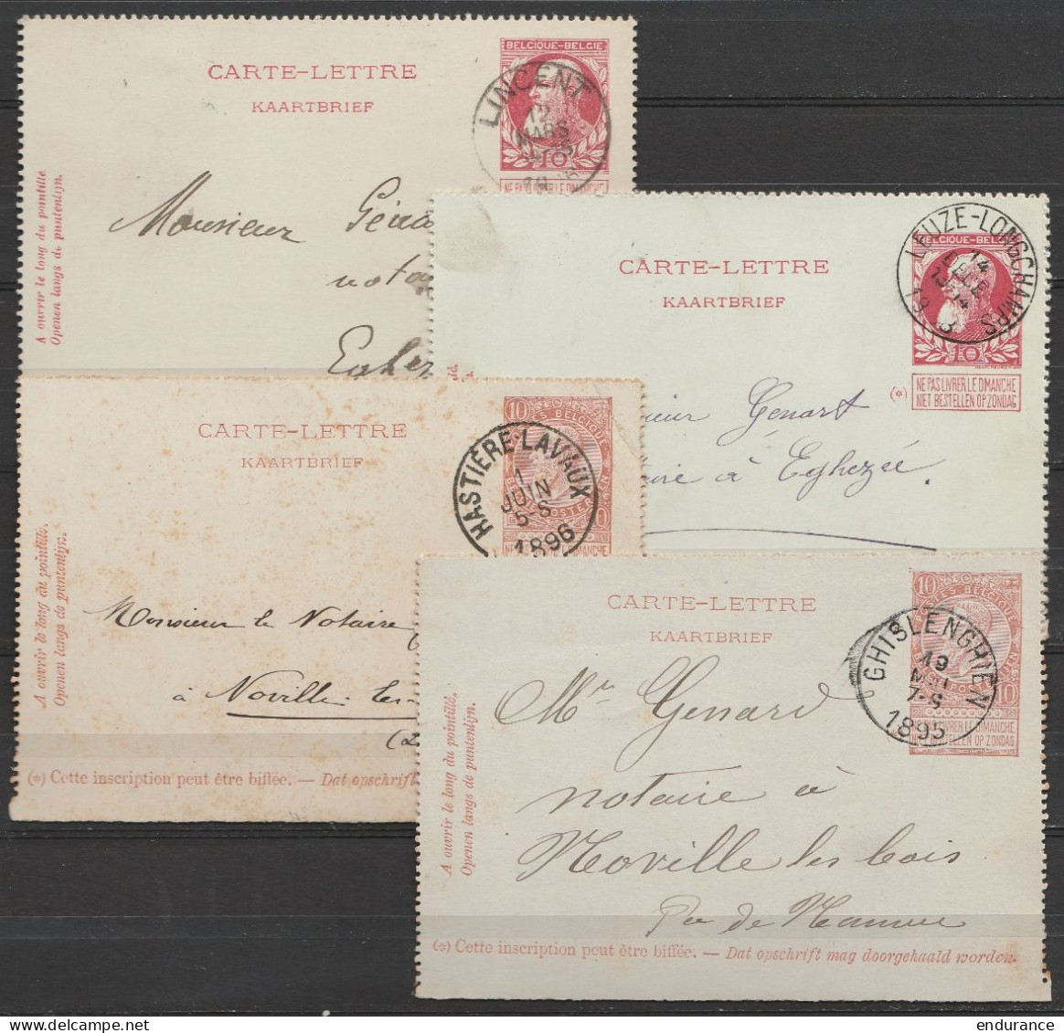 Lot 4 Cartes-lettre (2x 10c Rouge - N°74 & 2x 10c Rouge-brun - N°57)  Càd LEUZE-LONGCHAMPS, LINCENT, GHISLENGHIEN, HASTI - Kartenbriefe