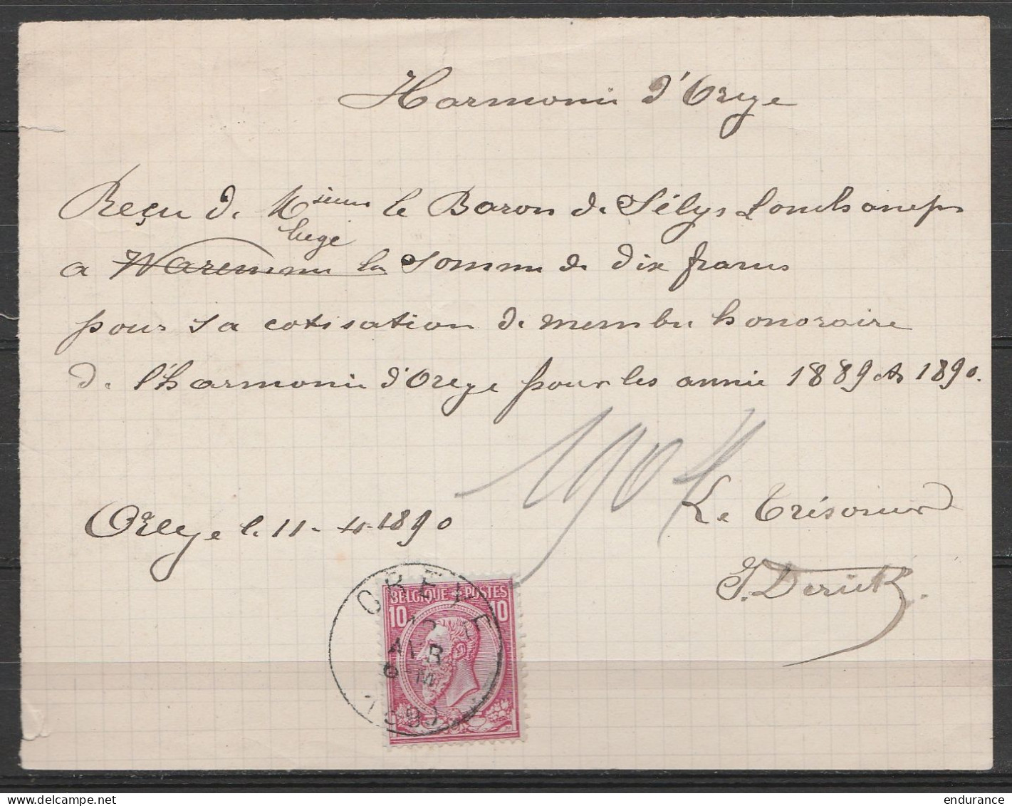 Reçu Affr. N°46 Càd OREYE /12 AVR 1890 Pour Baron De Selys Longchamps (cotisation De Membre Honoraire De L'Harmonie D'Or - 1884-1891 Léopold II