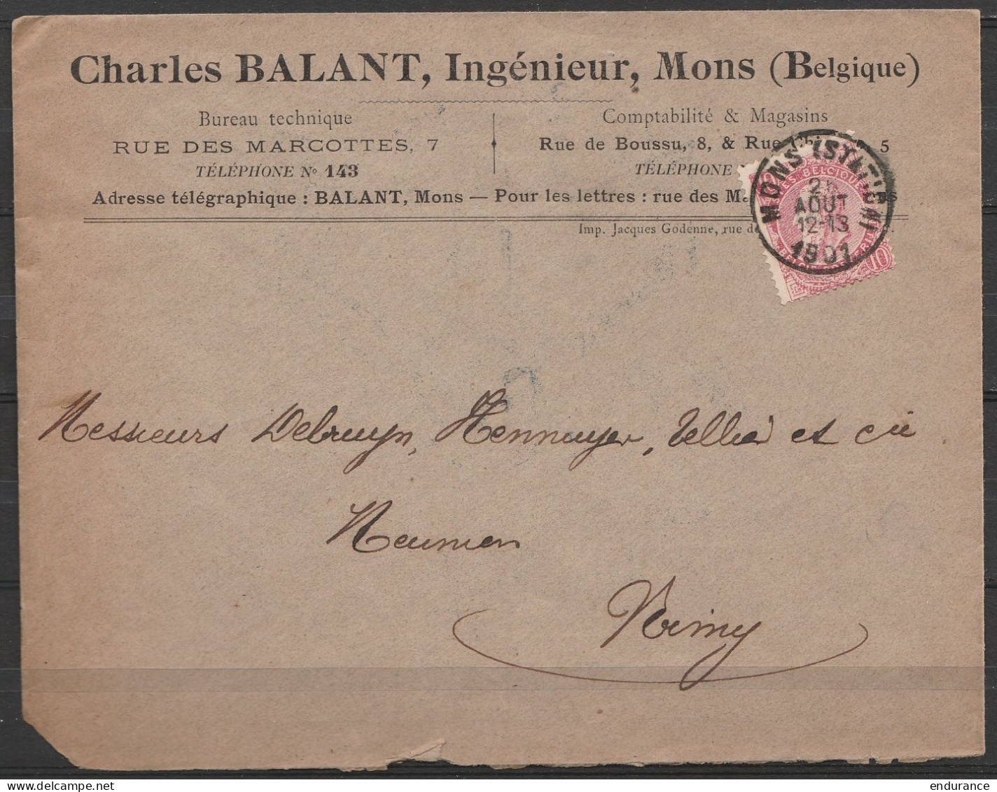 L. Entête "Ingénieur Ballant" Affr. N°58 Càd MONS (STATION)/2 AOUT 1901 Pour NIMY (au Dos: Pub Pompe Alimentaire "Manche - 1893-1900 Thin Beard