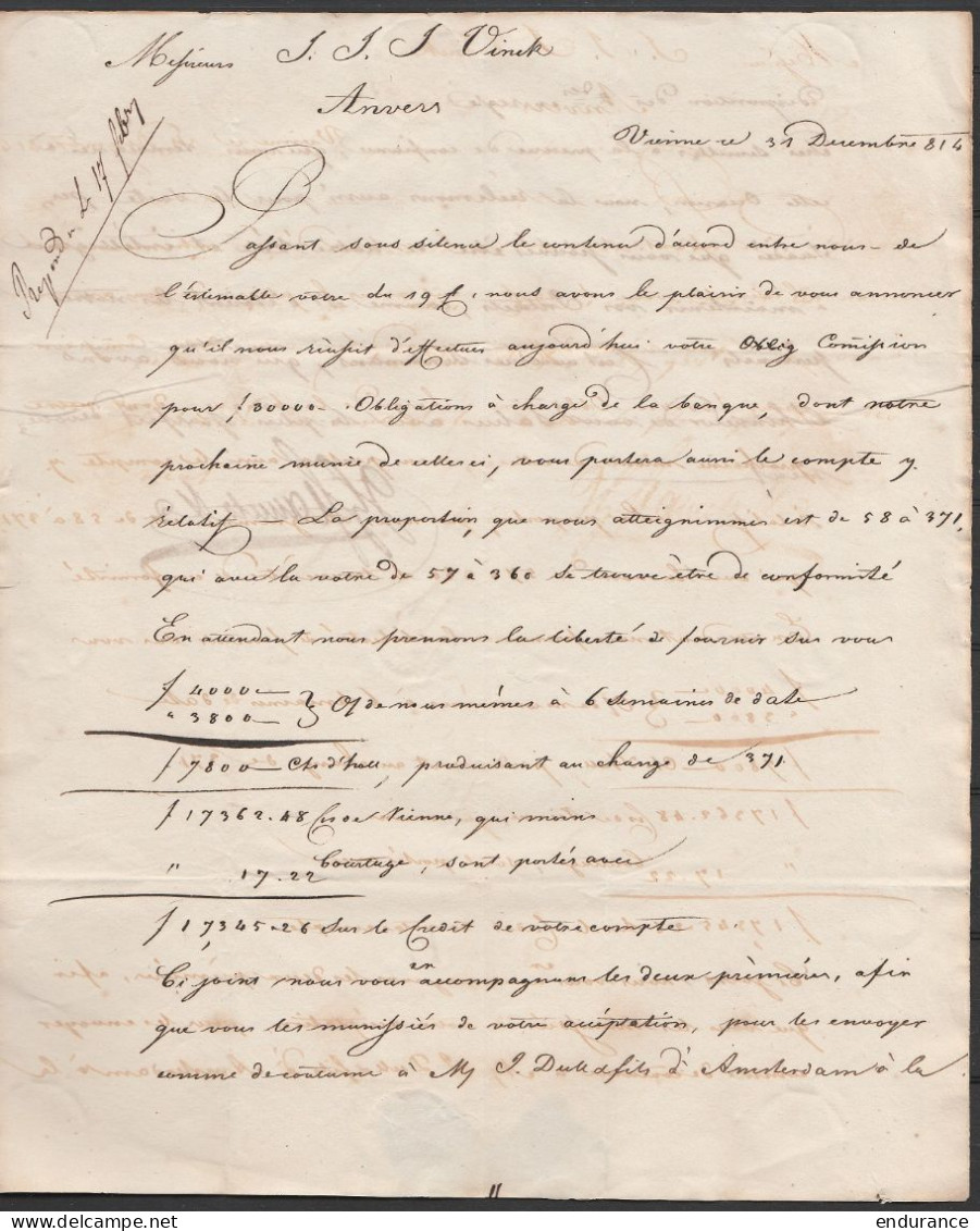 L. Datée 31 Décembre 1814 De VIENNE Pour ANVERS +"24"+ "14" + "6" - 1814-1815 (Gen.reg. Belgien)