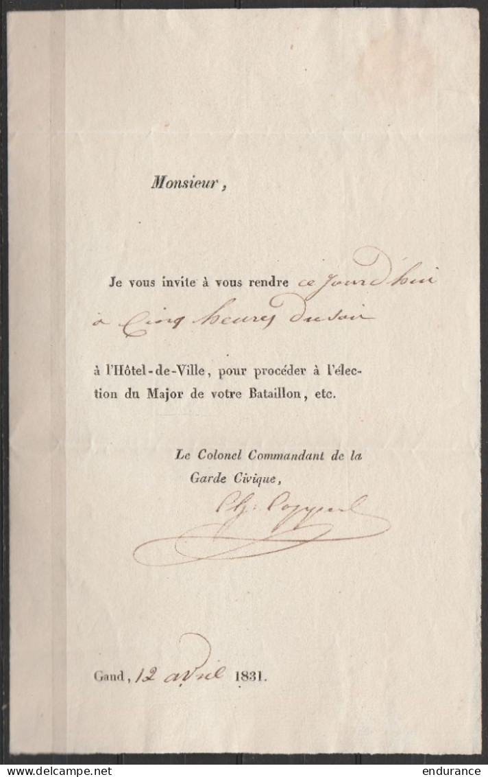 L. Datée 12 Avril 1831 De GAND Pour EV - Convocation Du Commandant De La Garde Civique (au Dos: Cachet Garde Civique) - 1830-1849 (Onafhankelijk België)