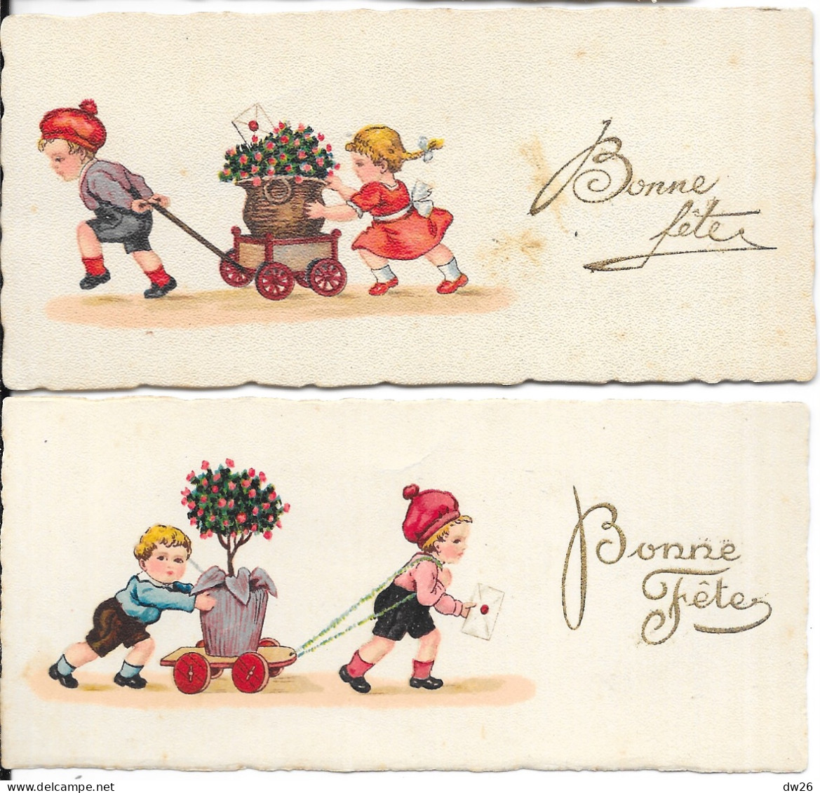 Bonne Fête - Enfants Livrant Des Fleurs - Lot De 2 Mini-cartes Fantaisie - Collections & Lots