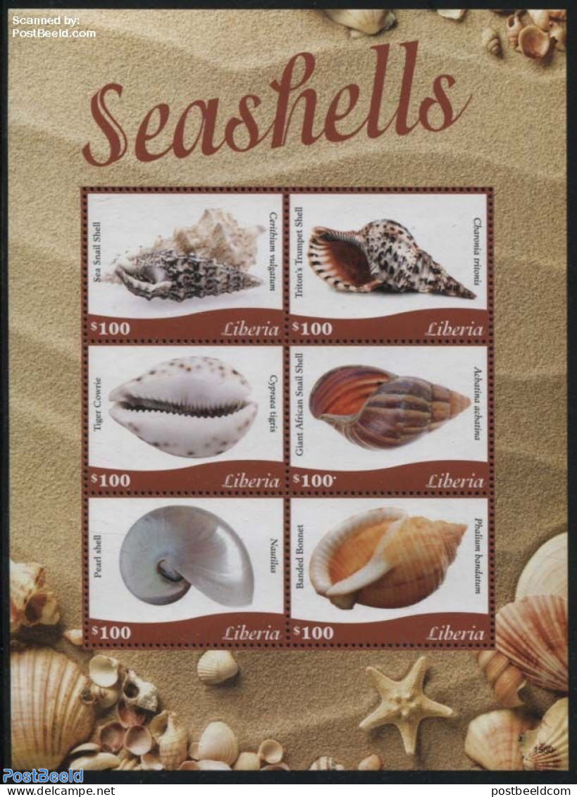 Liberia 2015 Seashells 6v M/s, Mint NH, Nature - Shells & Crustaceans - Marine Life