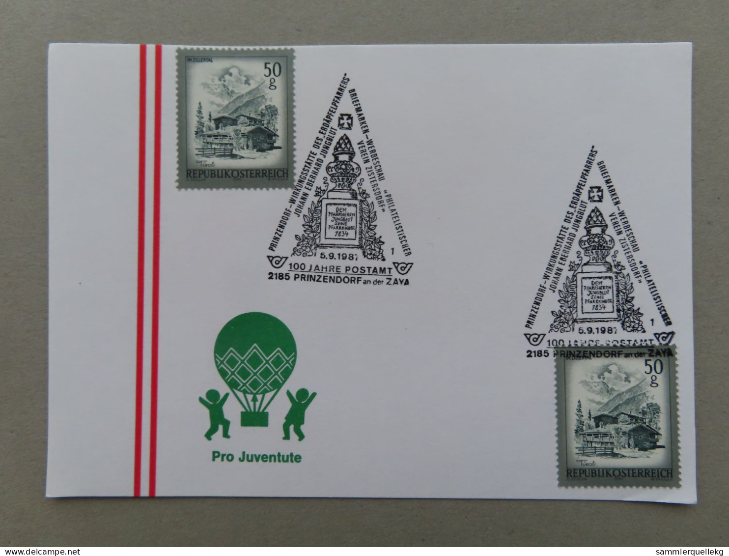 Österreich Pro Juventute - Mit Sonderstempel 5. 9. 1987 Prinzendorf, 100 Jahre Postamt (Nr.686) - Other & Unclassified