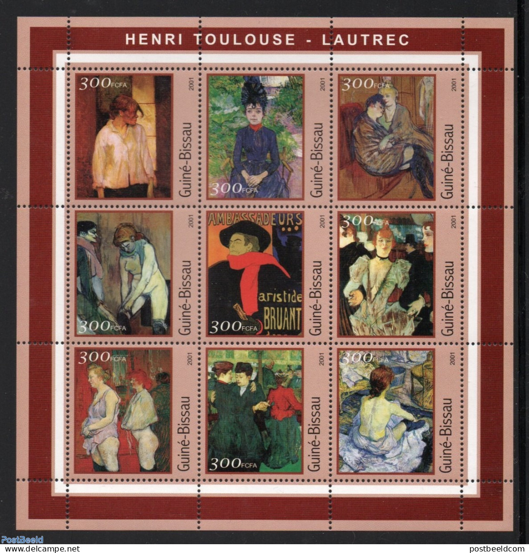 Guinea Bissau 2001 Toulouse-Lautrec 9v M/s, Mint NH, Art - Henri De Toulouse-Lautrec - Modern Art (1850-present) - Pai.. - Guinée-Bissau