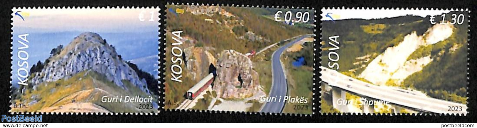 Kosovo 2023 Natural Monuments 3v (coloured Borders), Mint NH, Transport - Railways - Art - Bridges And Tunnels - Eisenbahnen