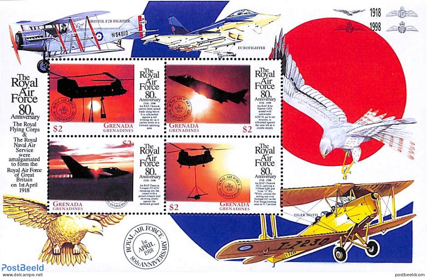 Grenada Grenadines 1998 The Royal Air Force 4v M/s, Mint NH, Transport - Helicopters - Aircraft & Aviation - Elicotteri