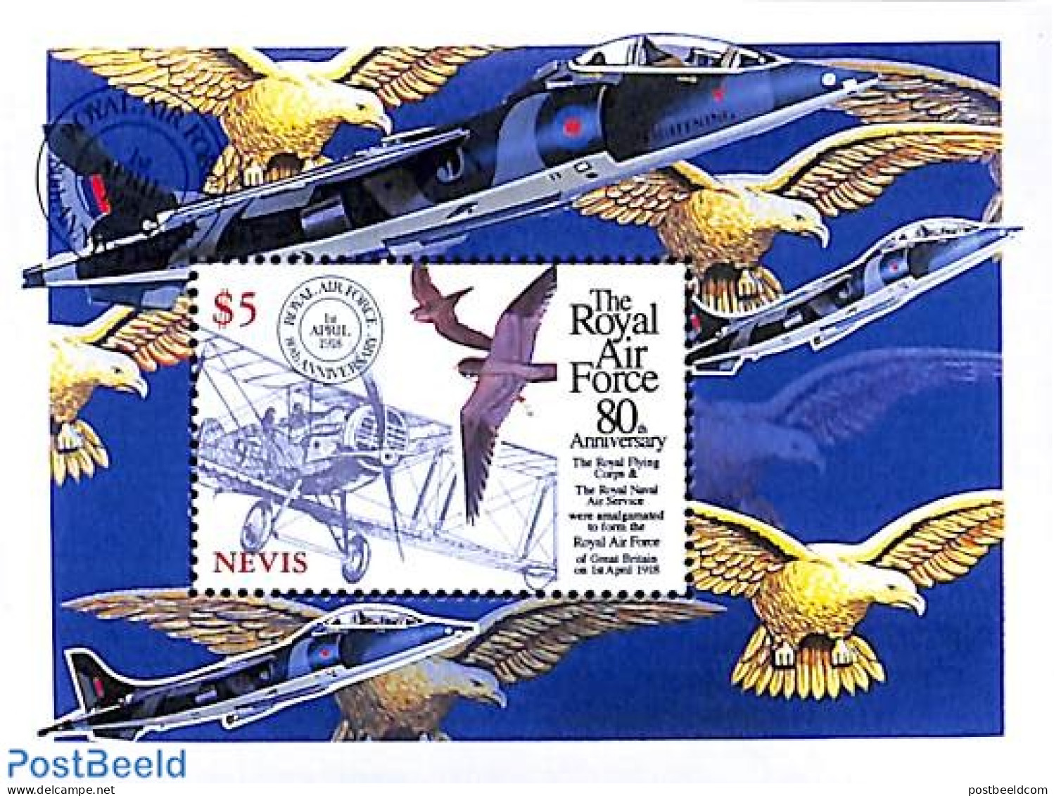 Nevis 1998 Royal Air Force, Bristol F2B S/s, Mint NH, Nature - Transport - Birds - Aircraft & Aviation - Airplanes