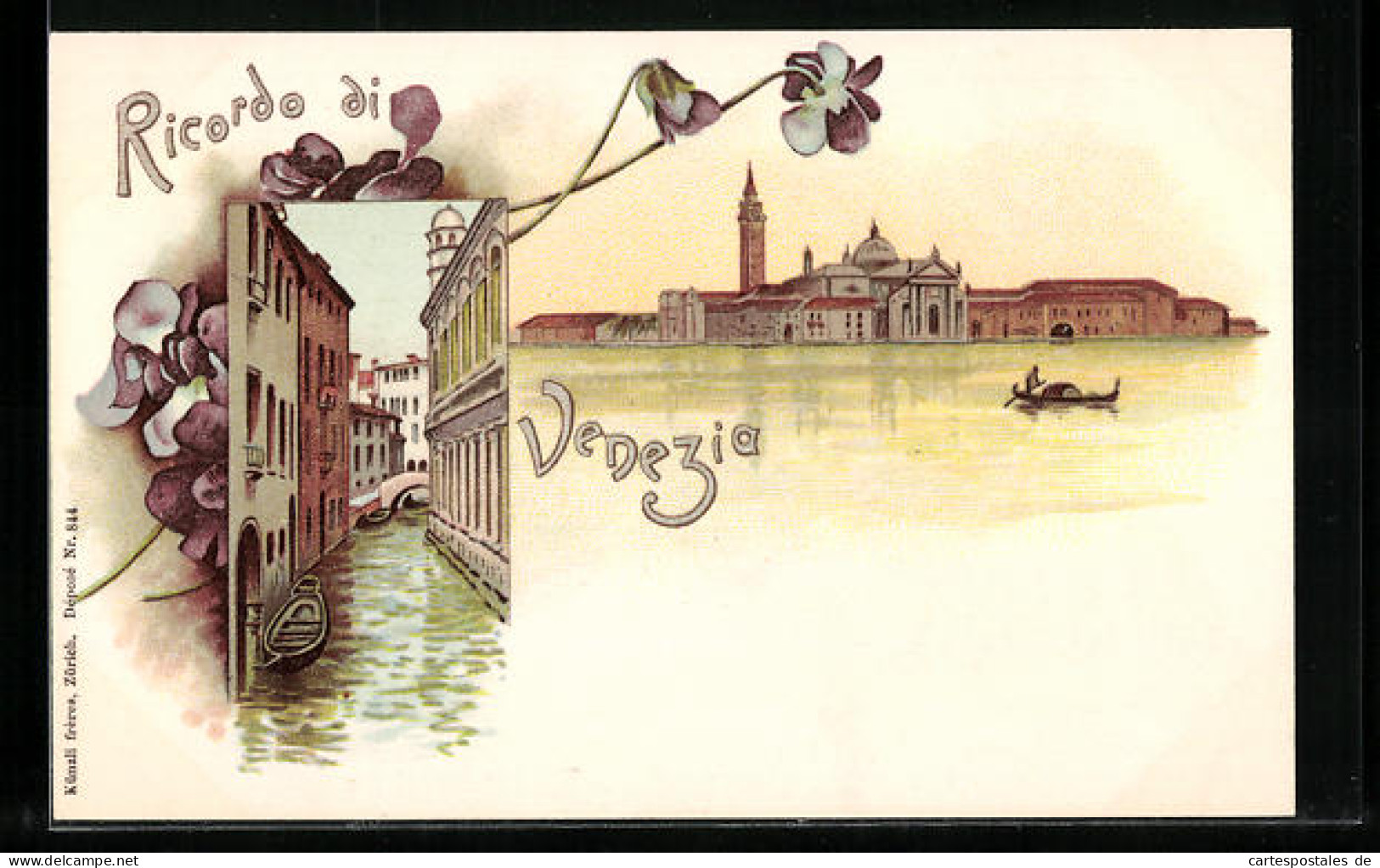 Lithographie Venedig, Panorama Mit Gondel, Schmale Wasserstrasse  - Venezia (Venice)