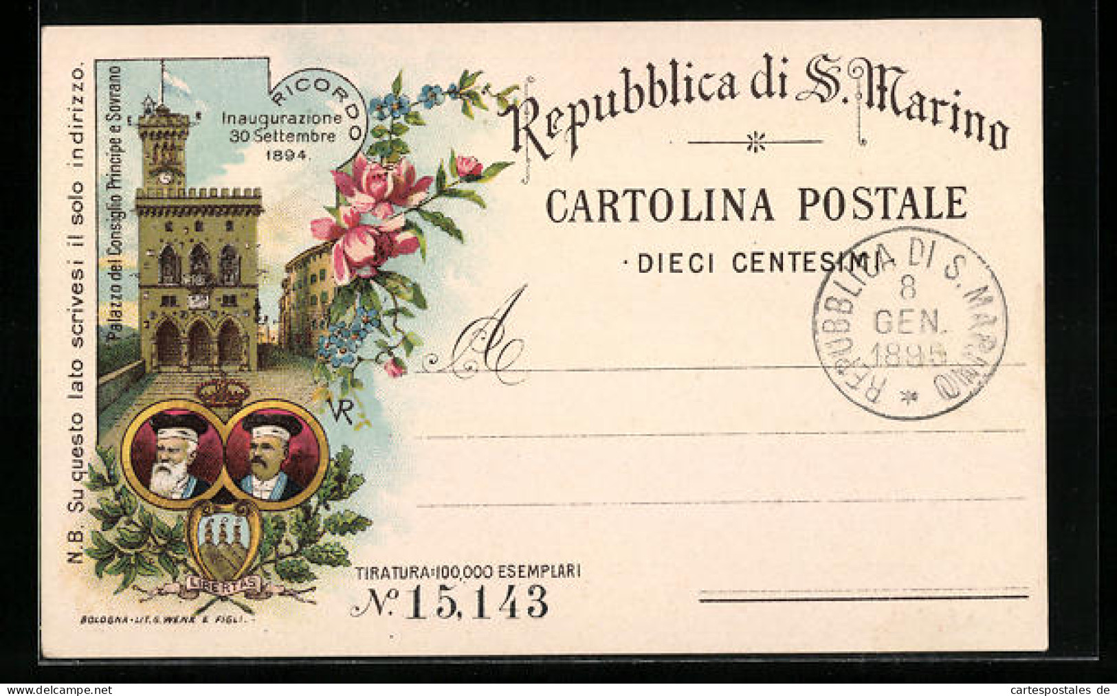 Lithographie San Marino, Inaugurazione 1894, Palazzo Del Consiglio Principe E Sovrano, Wappen  - San Marino