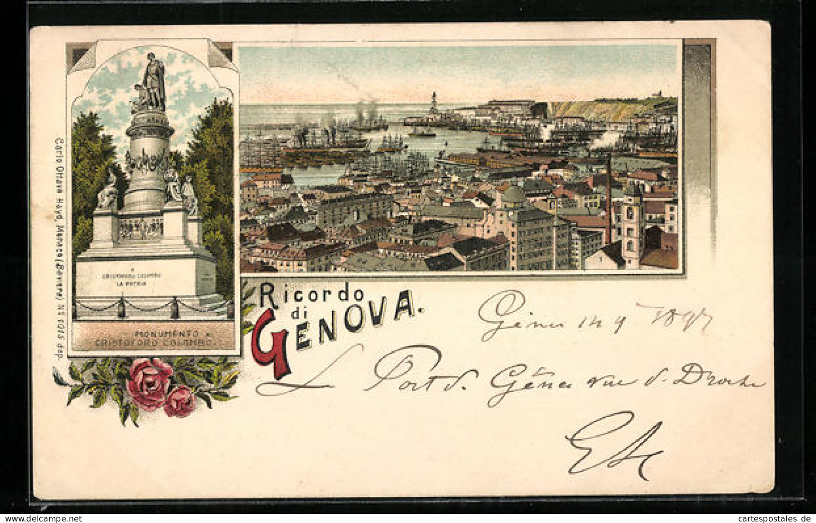 Lithographie Genova, Totalansicht, Monumento A Cristoforo Colombo  - Genova (Genoa)