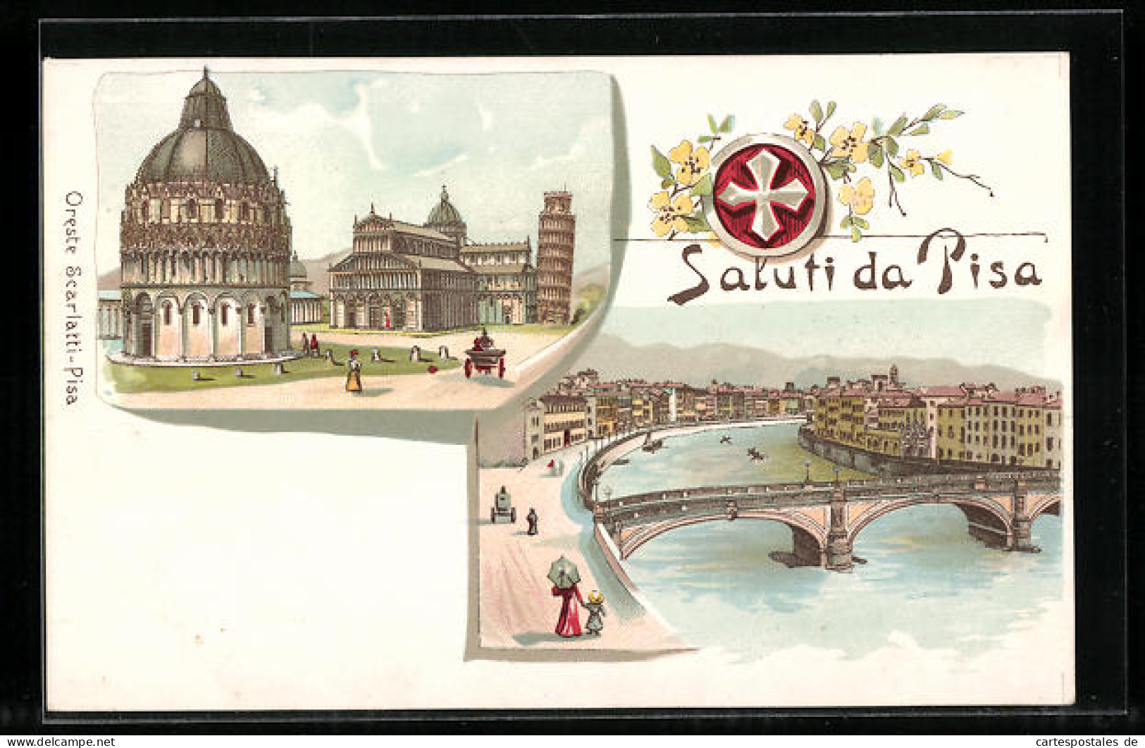 Lithographie Pisa, Arno-Brücke, Schiefer Turm  - Pisa
