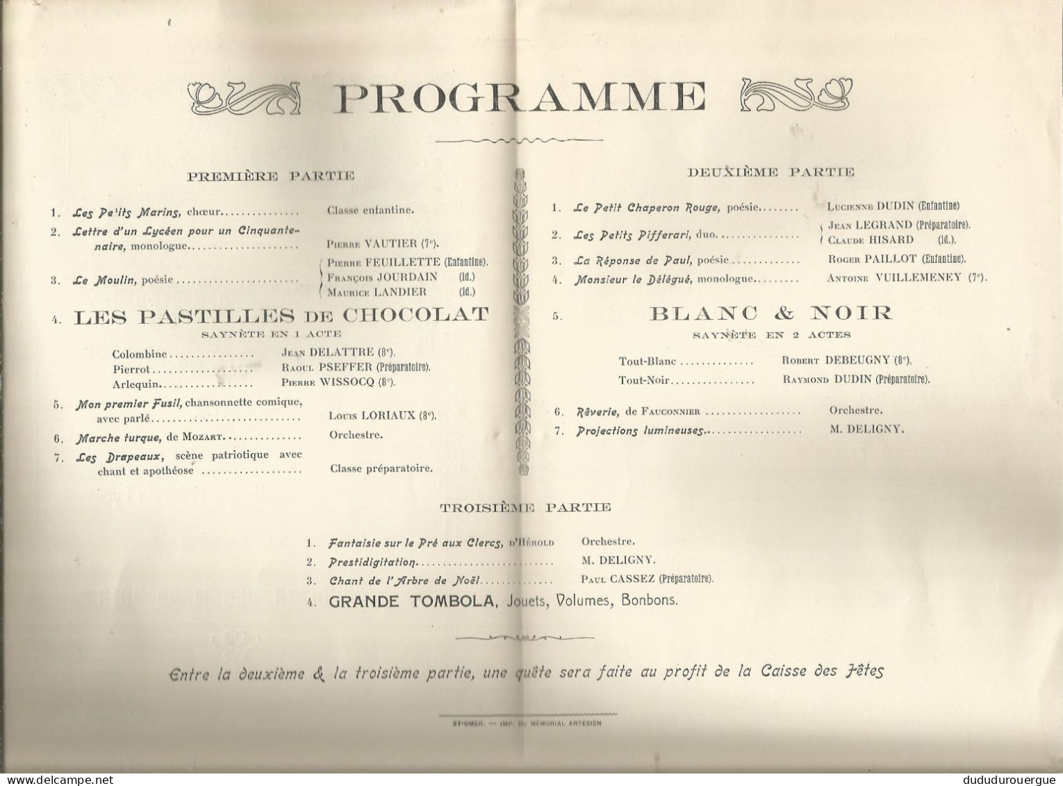 LYCEE DE SAINT - OMER : SALLE DES FETES DU LYCEE , FETE ENFANTINE DE L ARBRE DE NOEL 18/12/1913 - Programas