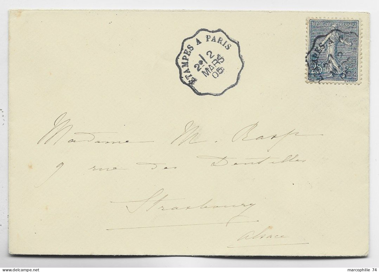 SEMEUSE 25C LIGNEE N° 132 SEUL LETTRE CONVOYEUR ETAMPES A PARIS 2 MARS 05 POUR ALSACE - 1903-60 Semeuse Lignée