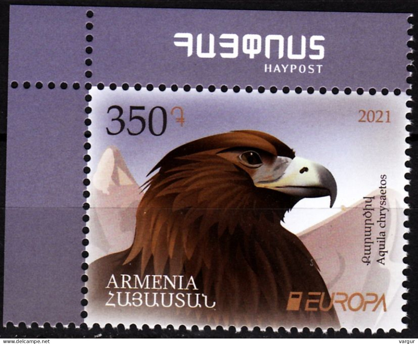 ARMENIA 2021-08 EUROPA: FAUNA Bird. National Endangered Wildlife. Golden Eagle. HayPost CORNER, MNH - 2021