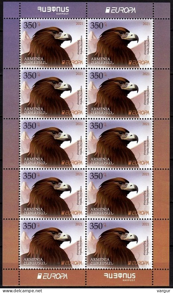 ARMENIA 2021-08 EUROPA: FAUNA Bird. National Endangered Wildlife. Golden Eagle. MINI-SHEET, MNH - 2021