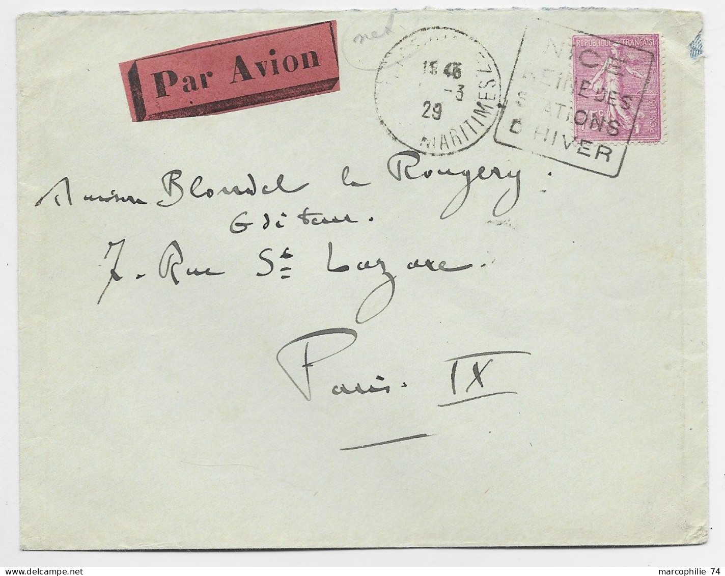 SEMEUSE 75C LIGNEE N° 202 SEUL LETTRE AVION DAGUIN NICE 1929 POUR PARIS AU TARIF - 1903-60 Sower - Ligned