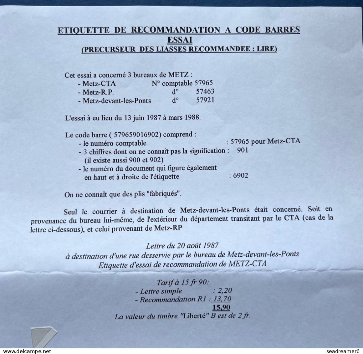 ESSAI De Recommandation à Code Barres De METZ CTA (du 06/87 à 03/88)  Liberté De Gandon N°2379 & 2483 Rare ! - 1982-1990 Liberté De Gandon