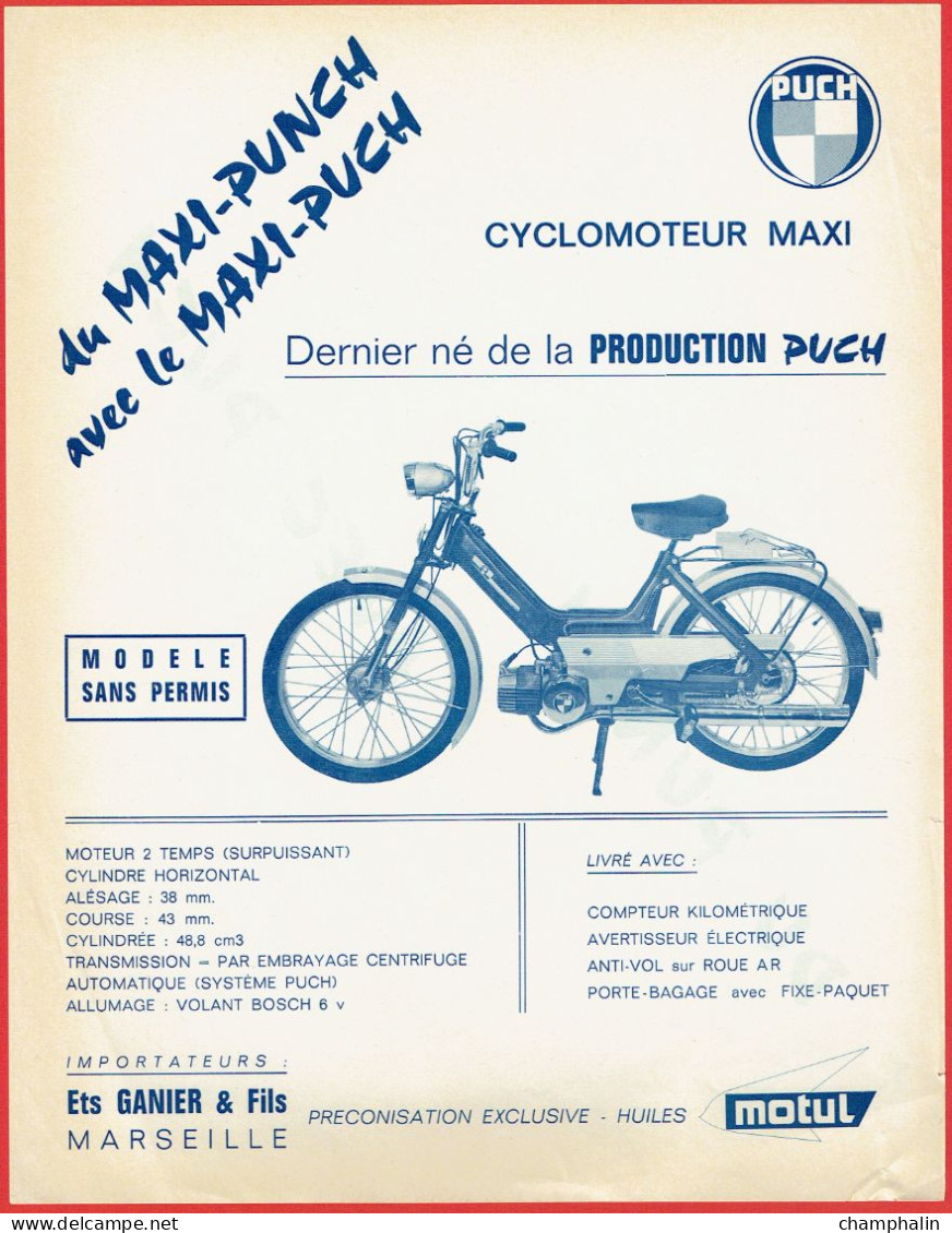 Document Publicitaire Cyclomoteur Maxi Puch - Ets Garnier & Fils à Marseille (13) - Huiles Motul - Publicité Pub Réclame - Transportmiddelen