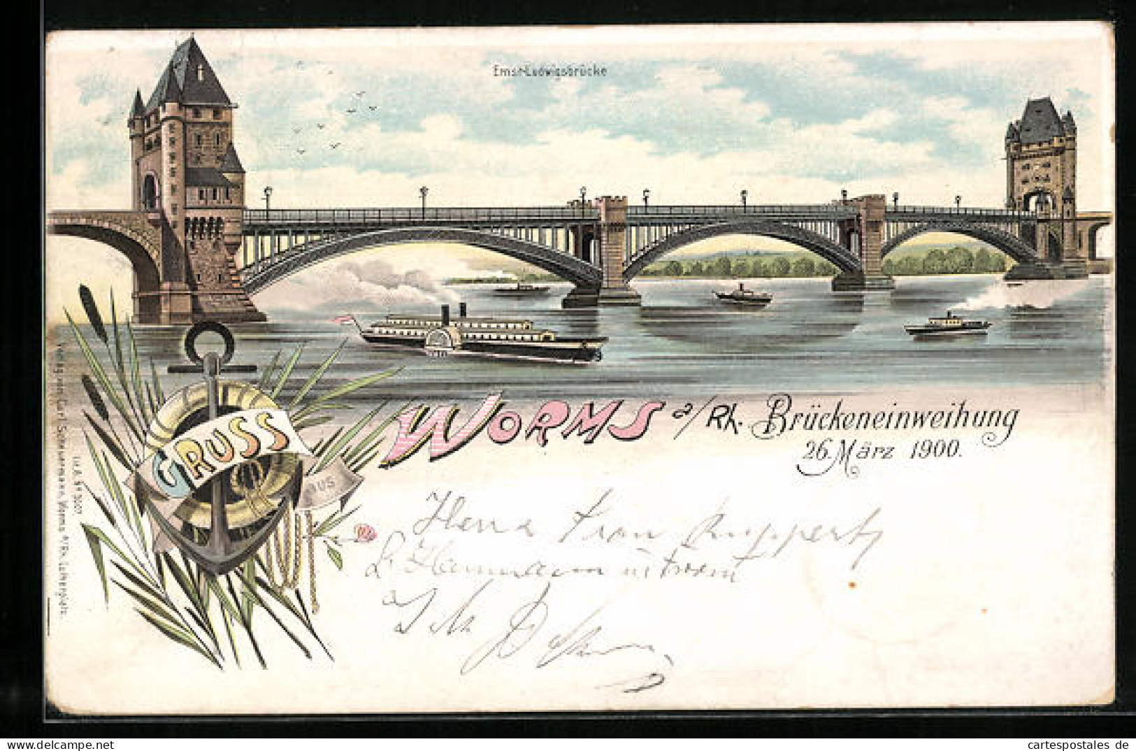 Lithographie Worms, Ernst-Ludwigsbrücke Mit Dampfern  - Worms