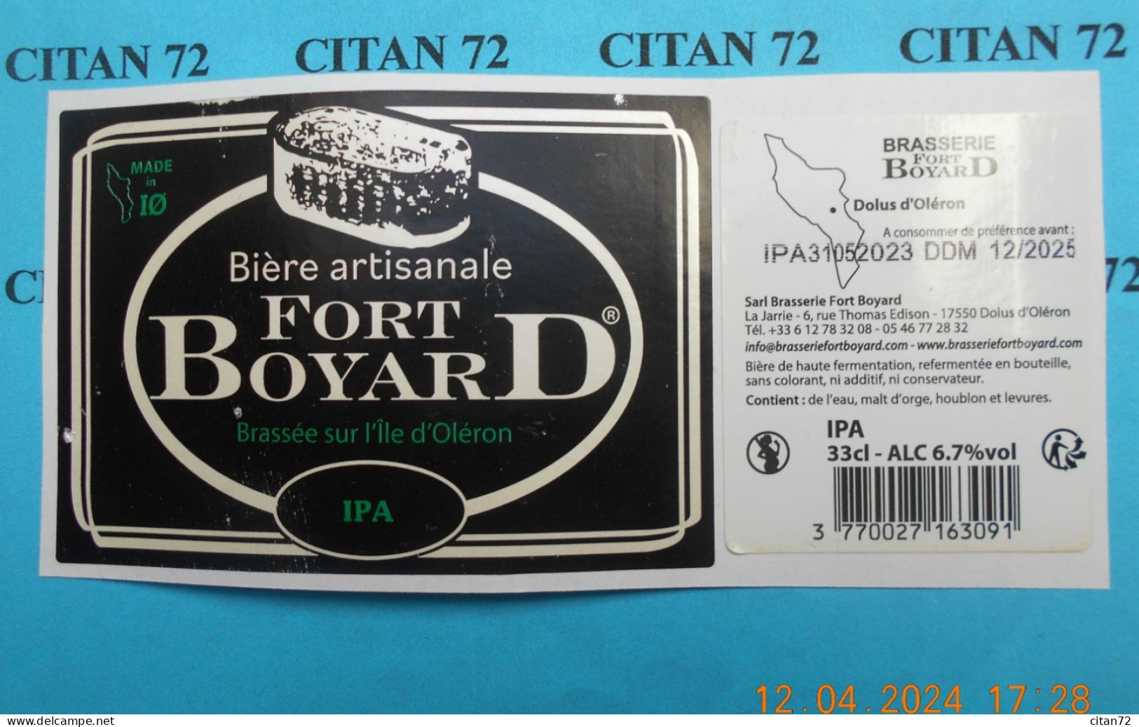 1  ETIQUETTE  De  BIERE   BRASSERIE   FORT  BOYARD   IPA    17550  DOLUS D' OLERON   33 CL - Beer