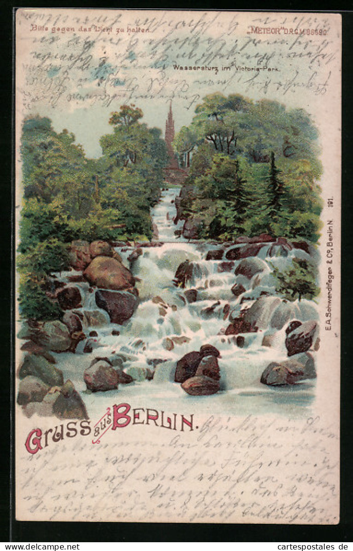 Lithographie Berlin-Kreuzberg, Wassersturz Im Victoriapark, Halt Gegen Das Licht  - Other & Unclassified